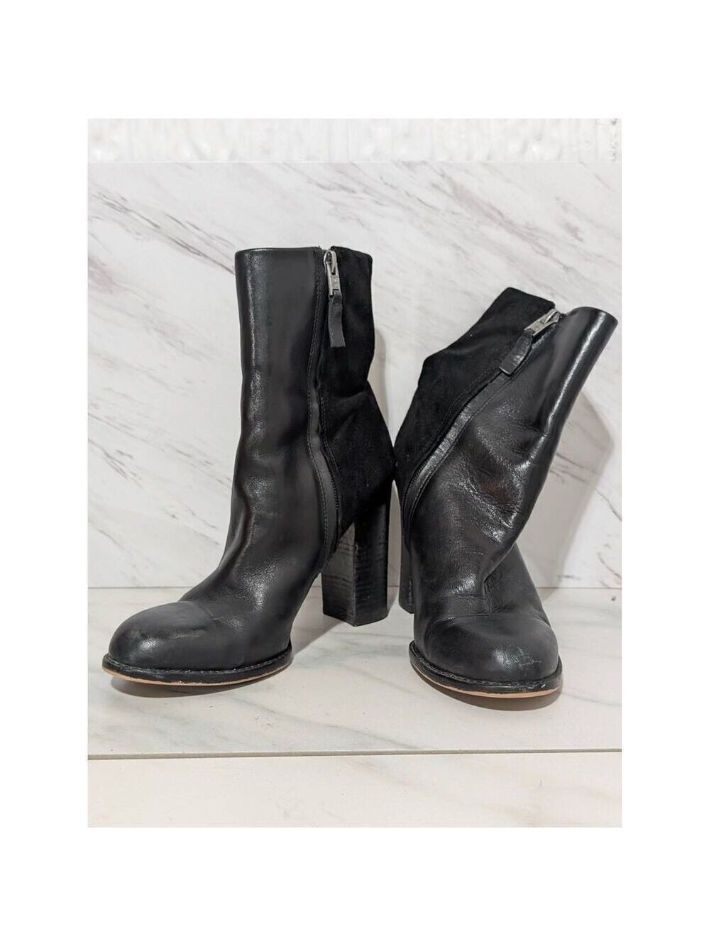 Sam Edelman Women's Black Leather Suede Chunky Heel Boot Sz 7.5